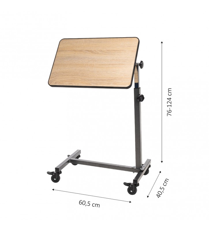 Masa de servit la pat cu roti, frane la cele 4 roti, reglabila pe inaltime
